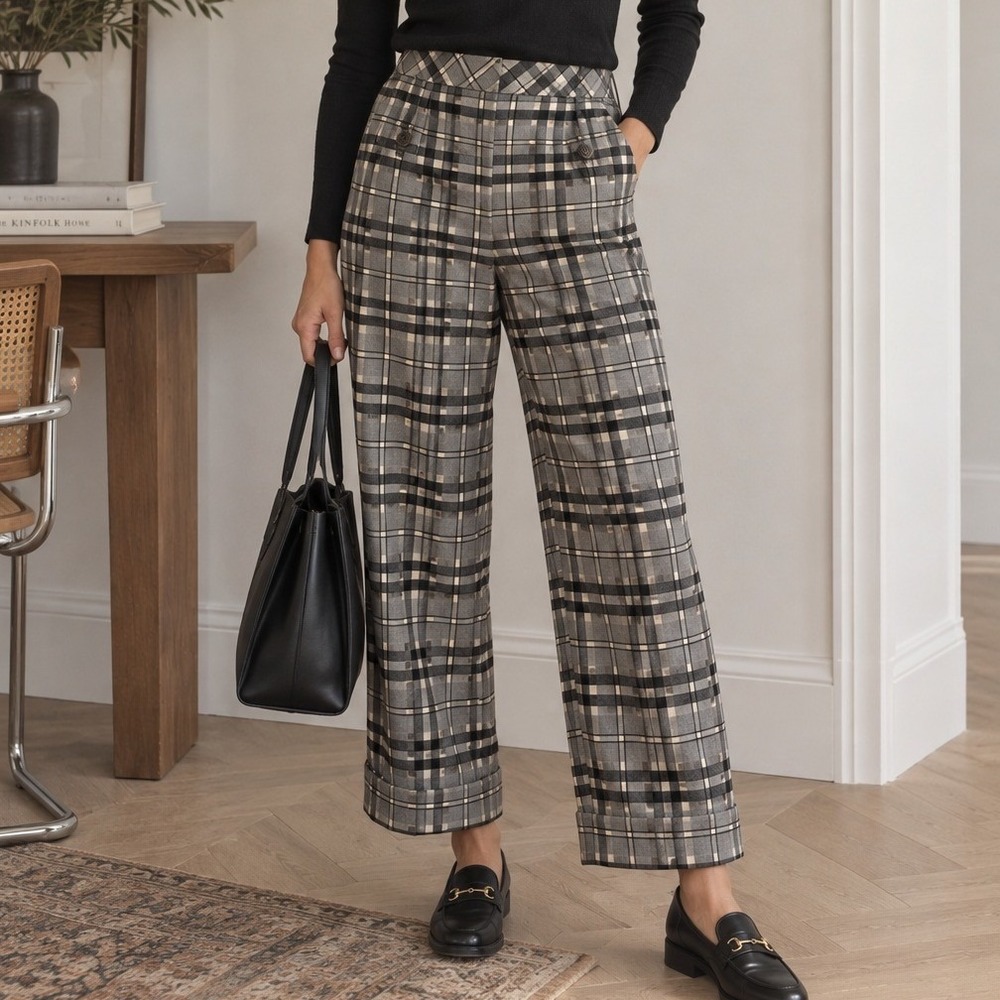 Pearl Lela Rose Plaid Trousers Womens 8 Grey Wool Wide Leg Cuffed Pants Career